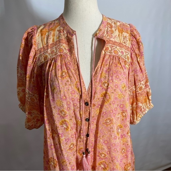 Spell • Sundown Camel Floral Print Short Sleeve Button Down Blouse Top Apricot S - Picture 6 of 10